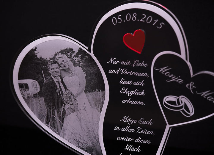 Acryl Schild in Herz Form "Hochzeitstag" mit Foto-Lasergravur, Geschenk, 205 mm x 170 mm (Hochzeitss