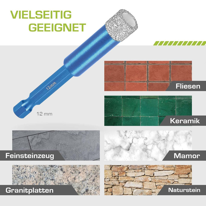 Profi Fliesenbohrer 12mm BIT Adapter - Diamantbohrer für Feinsteinzeug, harte Fliesen uvm. Diamantbo