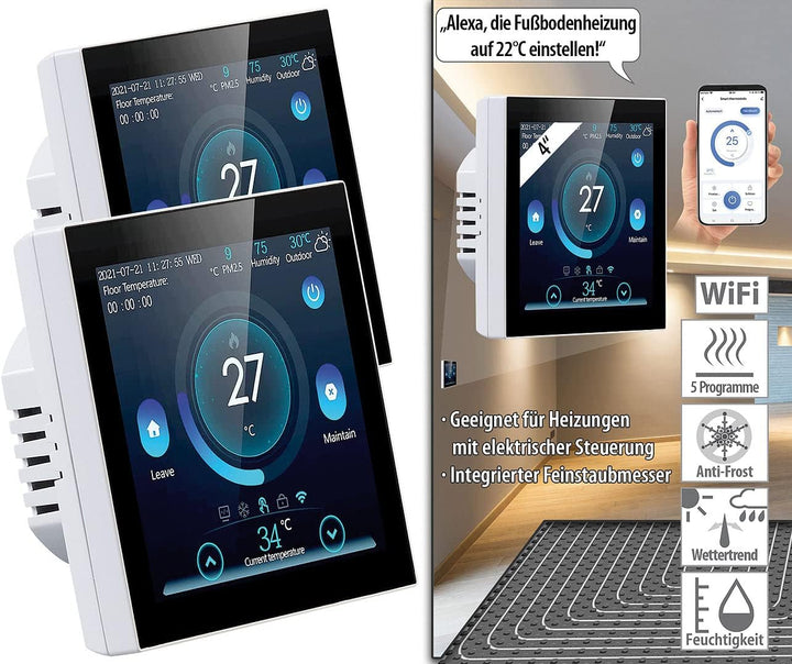 revolt Wireless Thermostat: 2er-Set WLAN-Thermostate für Fussbodenheizungen, Touchdisplay (Wandtherm