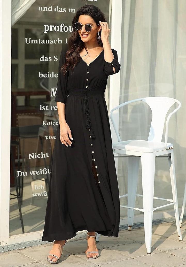 Damen Lange Split Knopf Up Sommer Maxikleid Floral Strandwear Holidy Kleid Hohe Taille mit kurzen Är