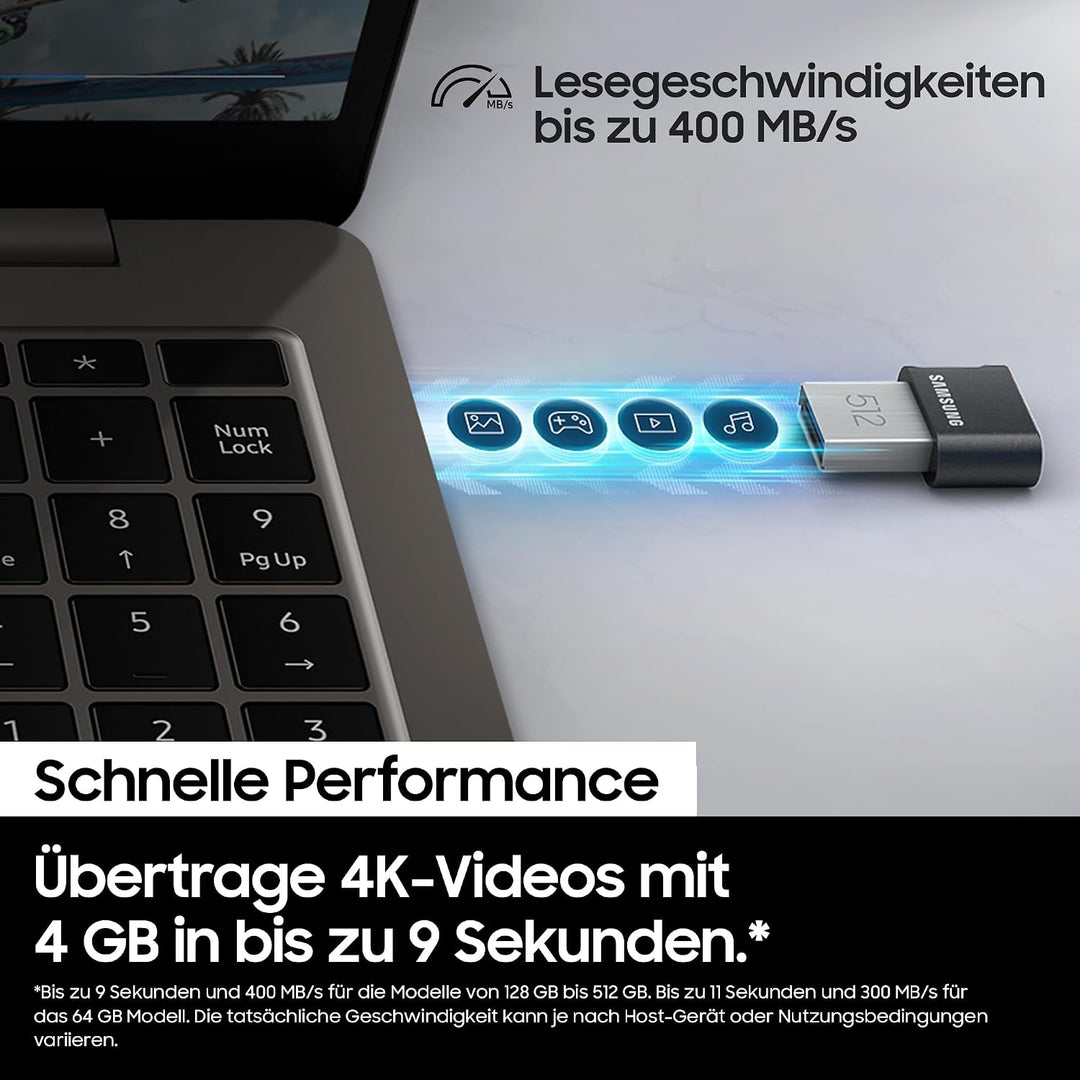 Samsung USB-Stick Typ-A FIT plus (MUF-256AB/APC), 256 GB, 400 MB/s Lesen, 110 MB/s Schreiben, kleine
