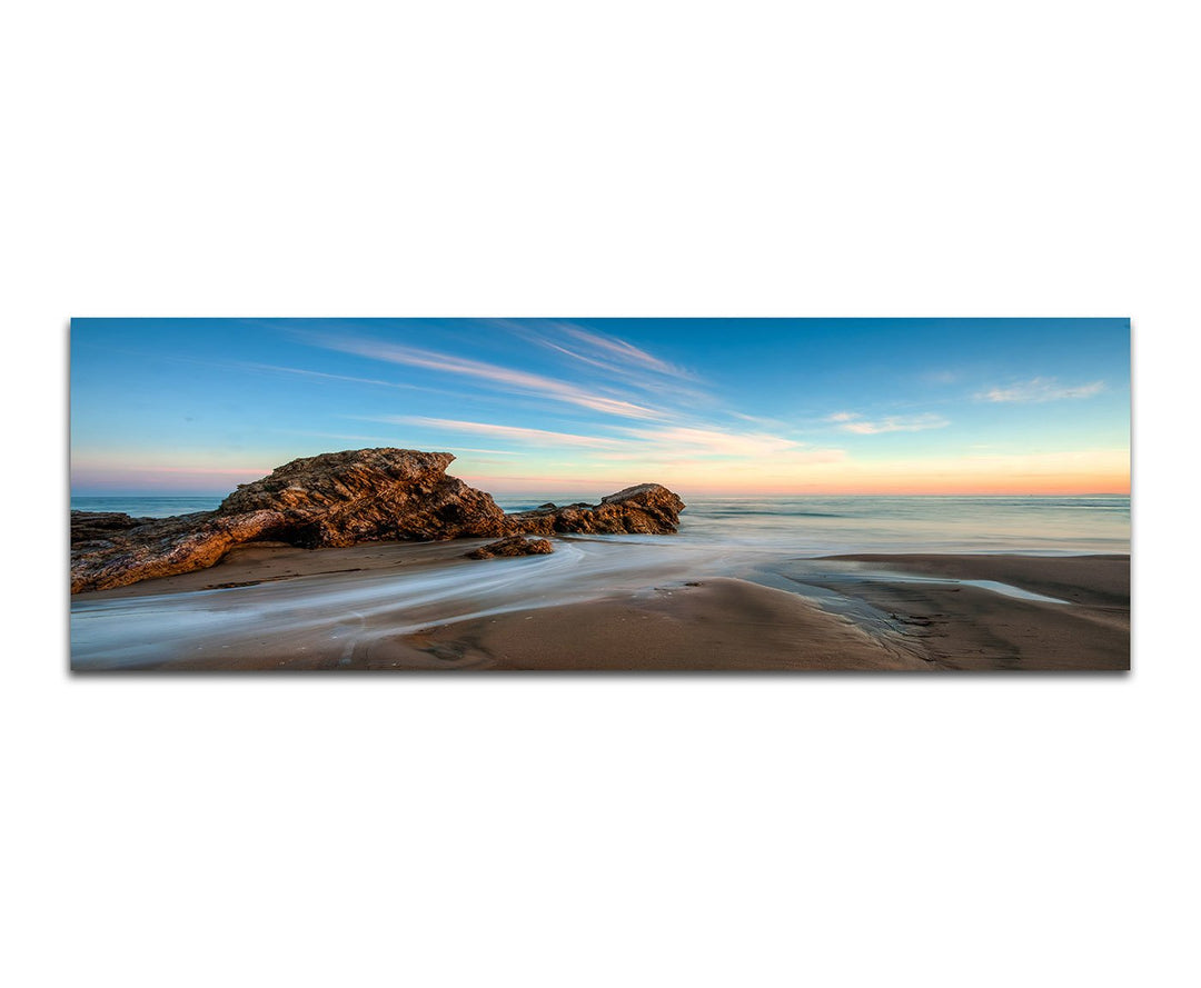 Paul Sinus Art Panoramabild auf Leinwand und Keilrahmen 120x40cm Kalifornien Strand Felsen Sonnenunt