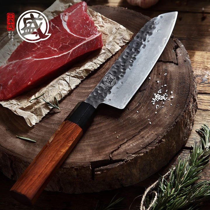 MITSUMOTO SAKARI Handgeschmiedetes Küchenmesser, Hochkohlenstoffstahl Scharfe Kochmesser, 19 cm Sant