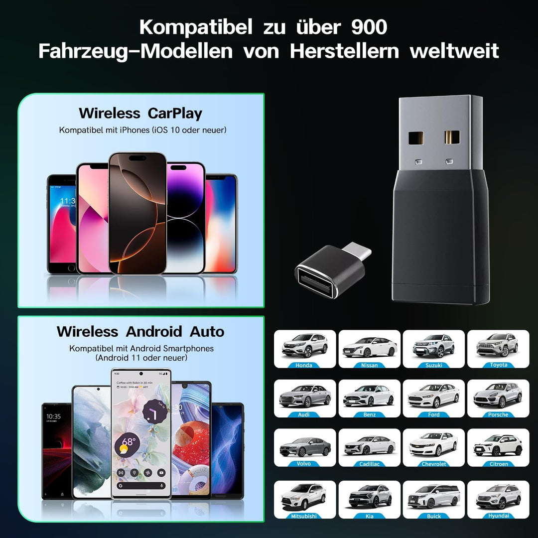 Wireless CarPlay Adapter, 2 in 1 CarPlay & Android Auto Wireless Adapter, Upgrade von Wired auf Wire