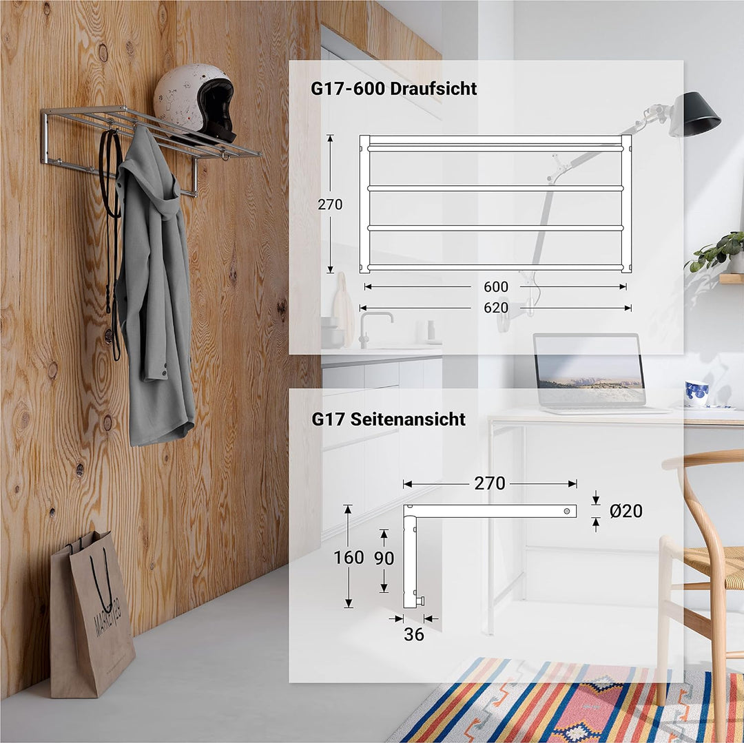 PHOS Design, G17-600, 60 cm breite Edelstahl-Wandgarderobe mit 4 Kleiderstangen und 5 Kleiderhaken 6
