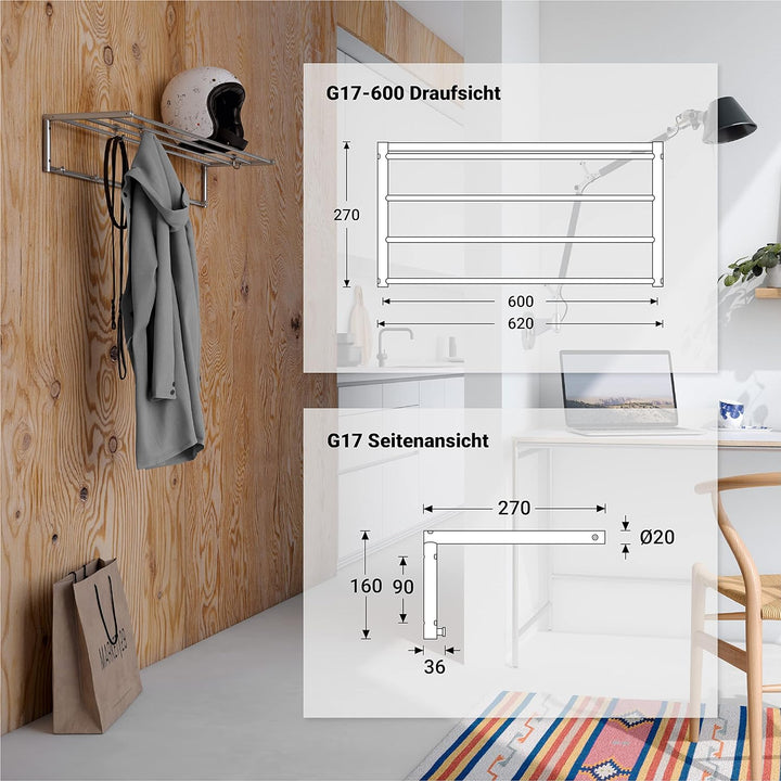 PHOS Design, G17-600, 60 cm breite Edelstahl-Wandgarderobe mit 4 Kleiderstangen und 5 Kleiderhaken 6