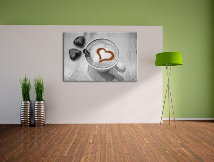 Leckerer Kaffee mit Herz schwarz/weiss Format: 100x70 auf Leinwand, XXL riesige Bilder fertig gerahm
