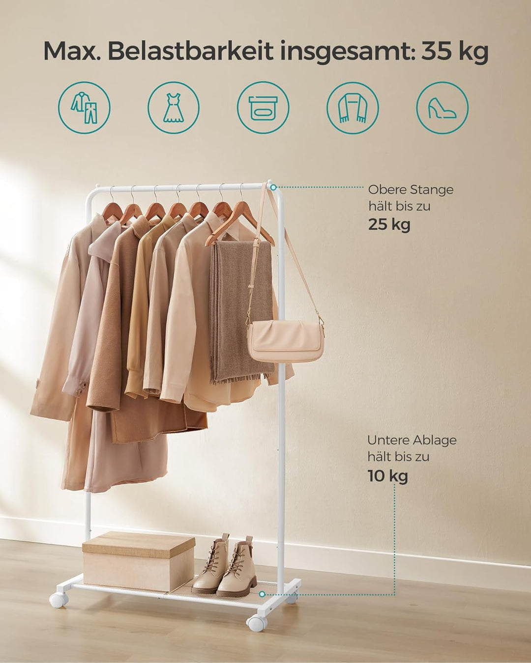 SONGMICS Kleiderständer, Kleiderstange auf Rollen, Garderobenständer 74 cm breit, Rollgarderobe mit