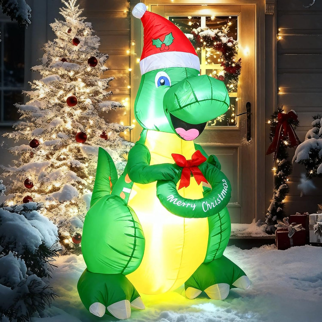 Ycolnaefllr 152 cm Weihnachtsdekoration aufblasbarer Dinosaurier, grüner Dinosaurier mit Weihnachtsm