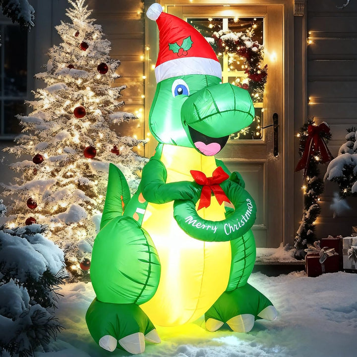 Ycolnaefllr 152 cm Weihnachtsdekoration aufblasbarer Dinosaurier, grüner Dinosaurier mit Weihnachtsm