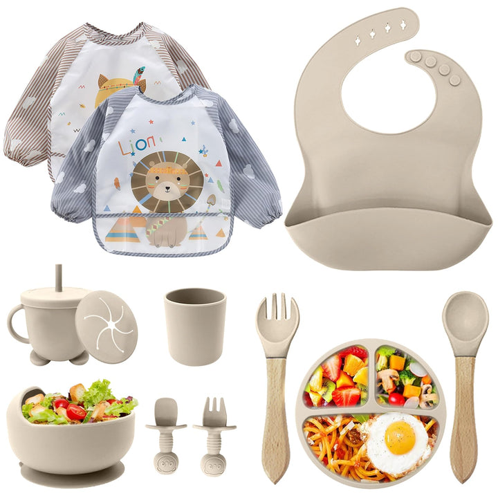 Baby Geschirrset,12er Set Kindergeschirr, Babylöffel,Trinklernbecher,Silikon Lätzchen,Baby Teller Ki