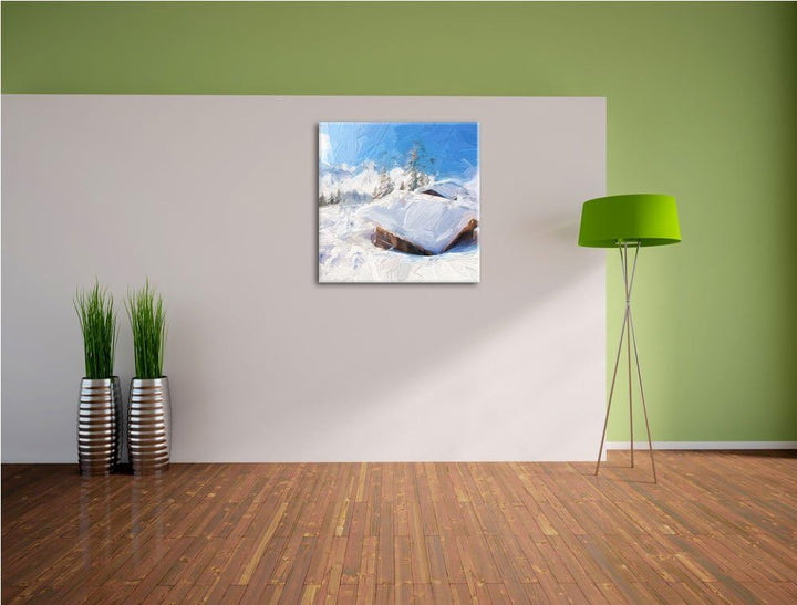 Pixxprint schöne verschneite Berghütten in den Alpen, Format: 70x70 auf Leinwand, 70x70