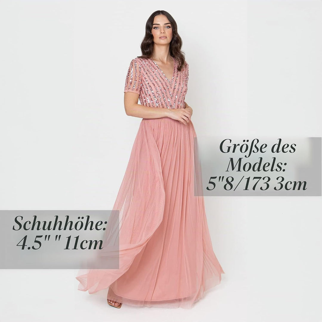 Damen Ballkleid Abendkleid V-Ausschnitt Maxi Länge Pailletten Kurze Ärmel für Hochzeit Geburtstag Br