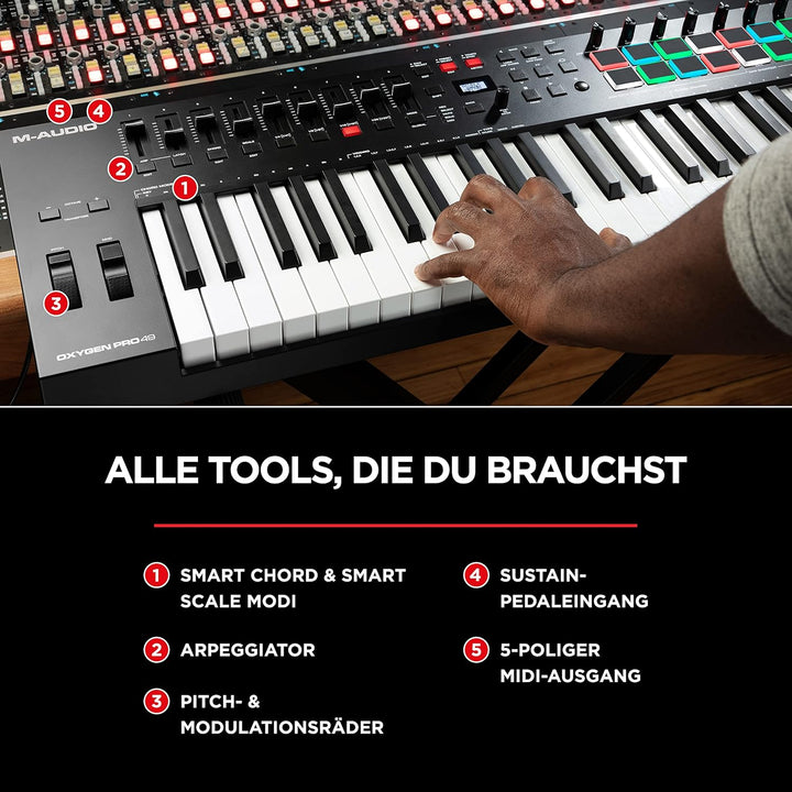 M-Audio Oxygen Pro 49 + SP-2 - USB MIDI Controller mit 49 anschlagdynamischen Tasten, 16 anschlagdyn