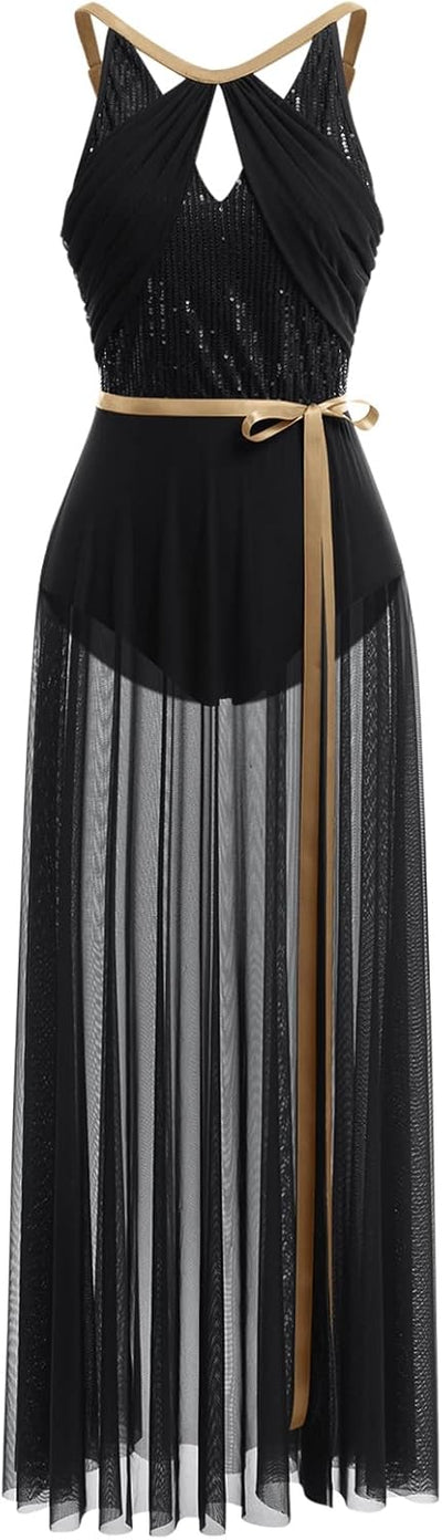 FYMNSI Damen Lyrisch Tanzkleid Ballettkleid Ärmellos Pailletten Trikot Mit Wickelrock Modern Contemp