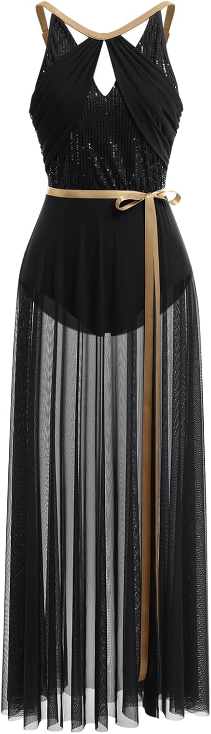 FYMNSI Damen Lyrisch Tanzkleid Ballettkleid Ärmellos Pailletten Trikot Mit Wickelrock Modern Contemp