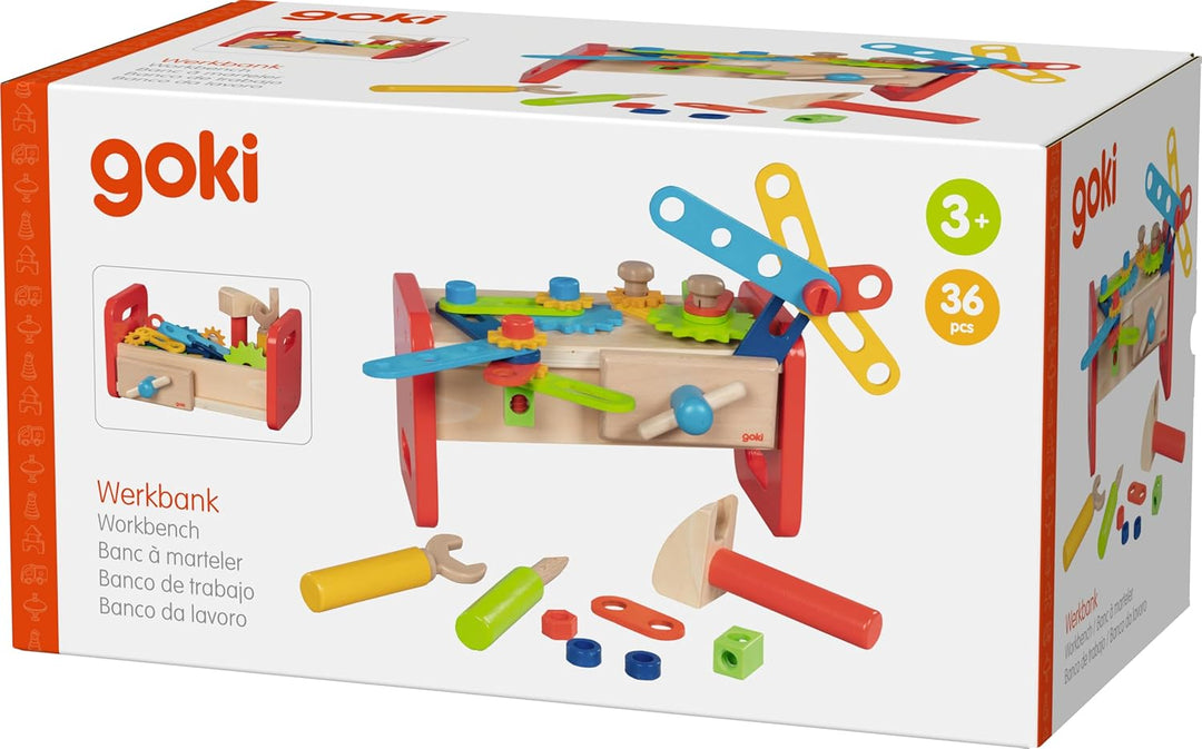 goki 58501 - Werkbank aus Holz & Kunststoff, Holzspielset für Heimwerker inkl. Hammer, Schrauben, Dr