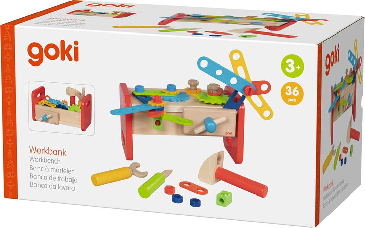 goki 58501 - Werkbank aus Holz & Kunststoff, Holzspielset für Heimwerker inkl. Hammer, Schrauben, Dr