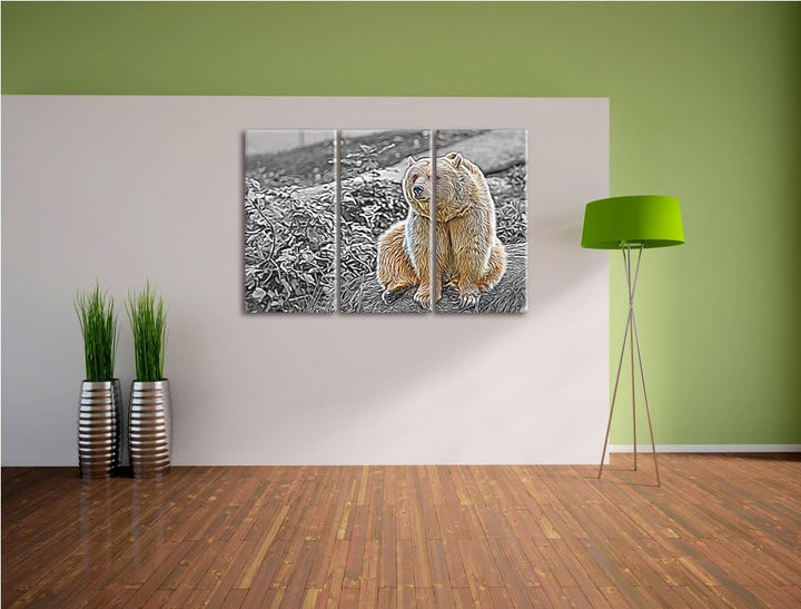 niedlicher Grizzly auf Stein schwarz/weiss Deluxe 3-Teiler Leinwandbild 120x80 Bild auf Leinwand, XX