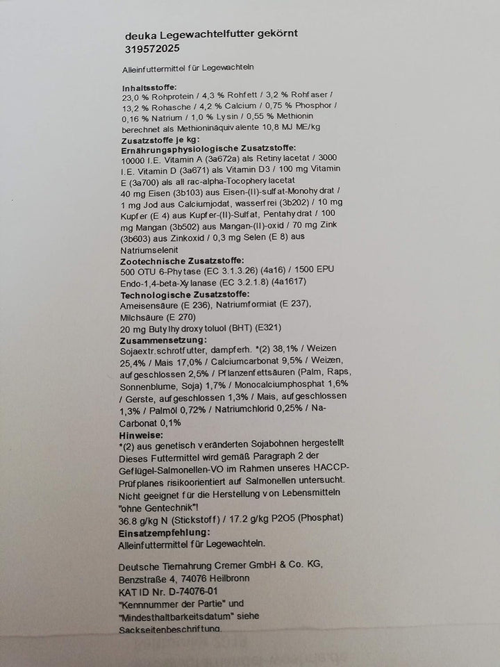 deuka Legewachtelfutter 25 kg, Wachtelfutter, Legewachtel Futter, Wachtel 2 mm Pellets