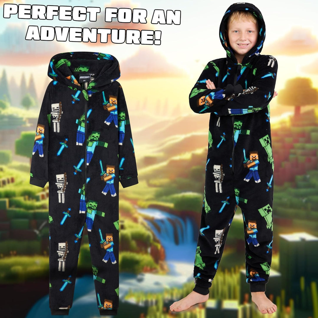 Minecraft Fleece Jumpsuit Kinder Jungen Schlafoverall mit Kapuze, Gamer Geschenke für Kinder Teenage