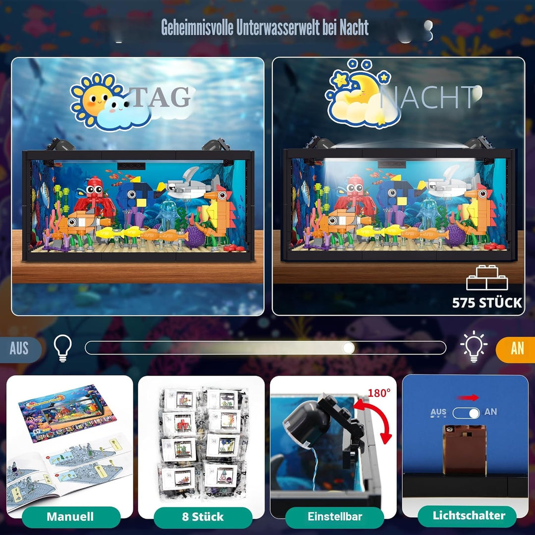 8-in-1 Aquarium-Baustein, Meeresaquarium-Baustein mit LED-Licht, einschliesslich Meeresquallen, Fisc