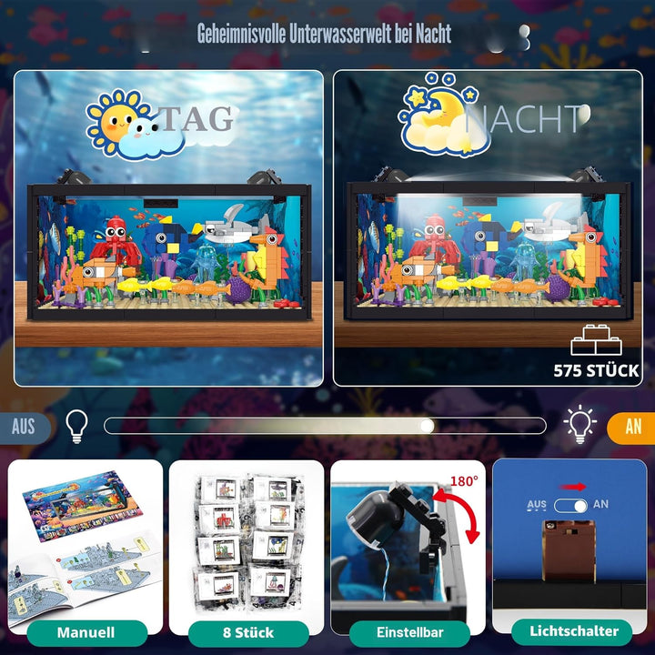 8-in-1 Aquarium-Baustein, Meeresaquarium-Baustein mit LED-Licht, einschliesslich Meeresquallen, Fisc