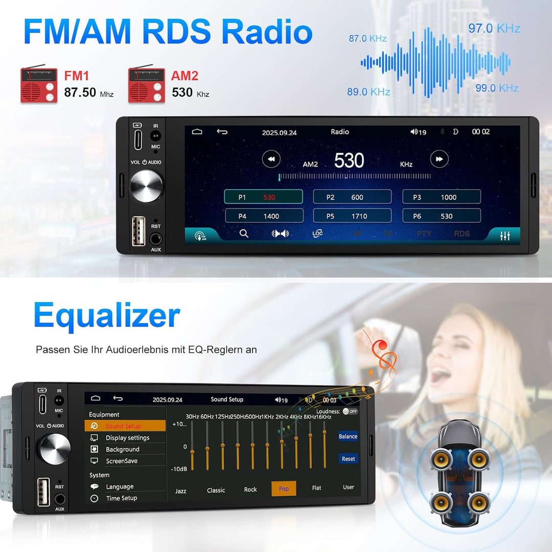 1 Din Autoradio mit Bildschirm Kompatibel mit Wireless CarPlay & Android Auto, 6,28 Zoll 1Din Car Ra