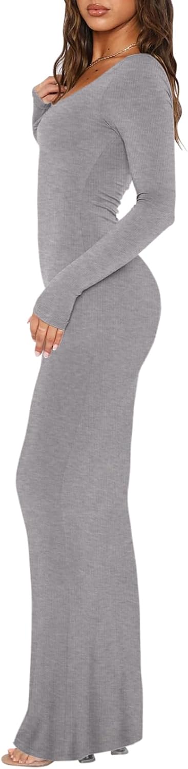 REORIA Damen Sexy U-Ausschnitt Langarm Lounge Langes Kleid Gerippte figurbetonte Maxikleider XS Hell