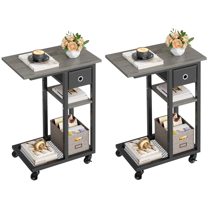 YITAHOME 2PCS Beistelltisch, C-Form Sofatisch mit Rollen und Schublade，Wohnzimmertisch für Kaffee un