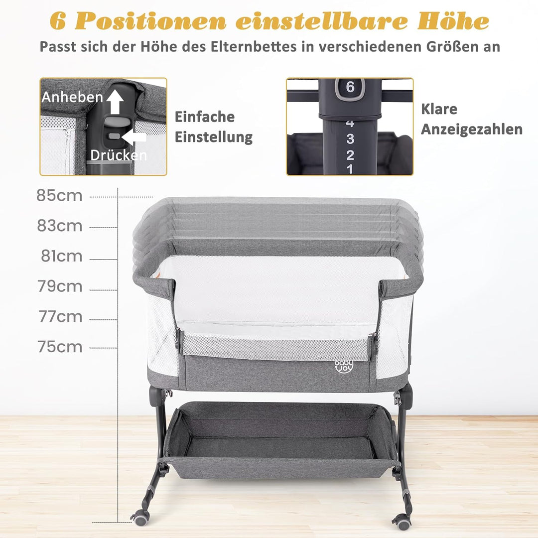 DREAMADE Beistellbett Baby, 6-stufig Höhenverstellbar Babybett mit weicher Matratze & Rollen & Trage
