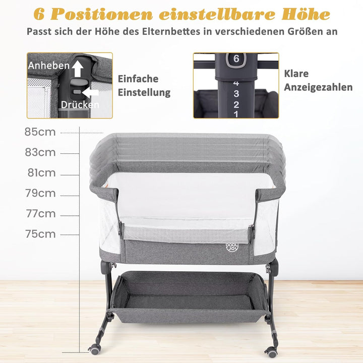 DREAMADE Beistellbett Baby, 6-stufig Höhenverstellbar Babybett mit weicher Matratze & Rollen & Trage