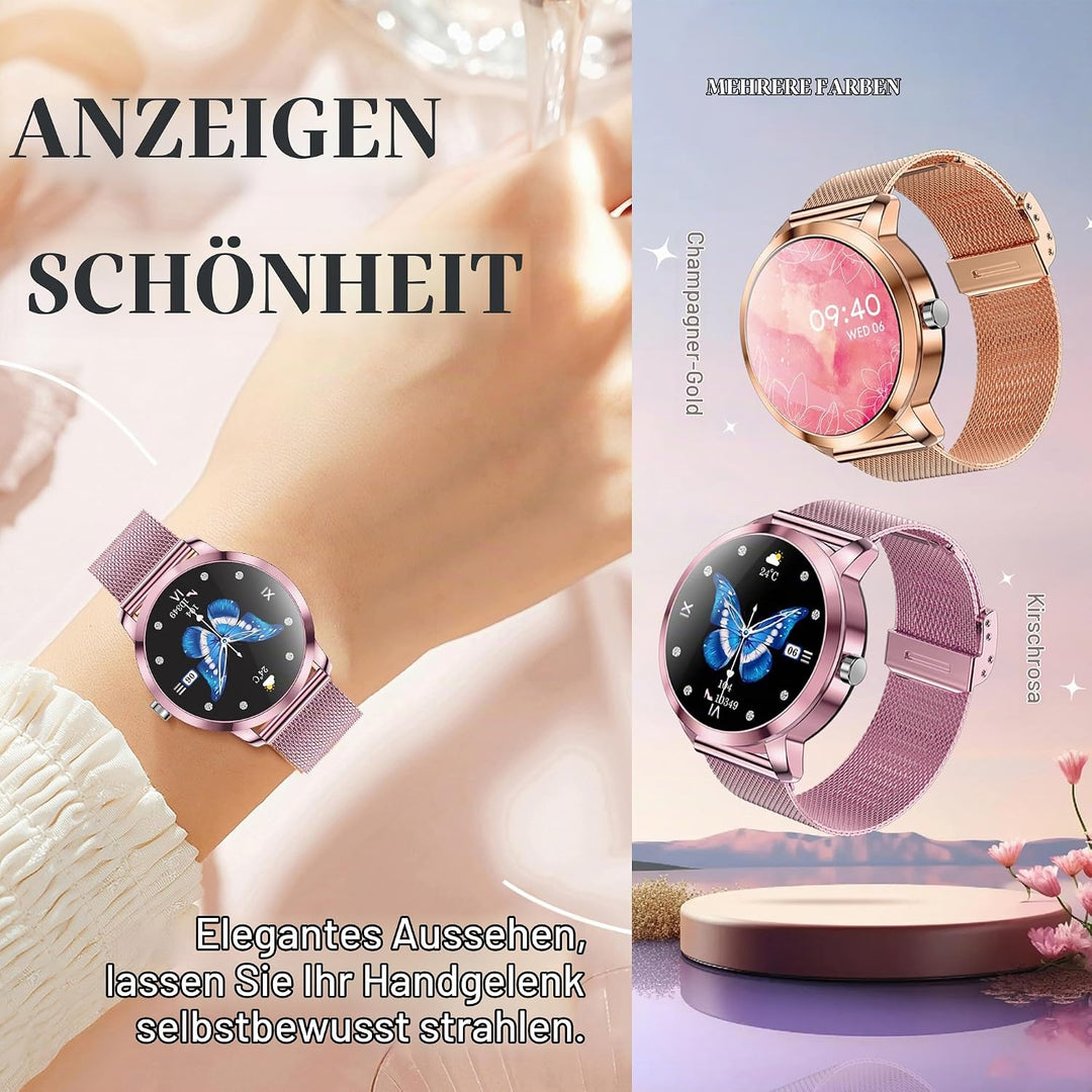 Smartwatch Damen mit Telefonfunktion, 1,09” Fitnessuhr mit 123 Sportmodi, Pulsmesser, Schlafmonitor,