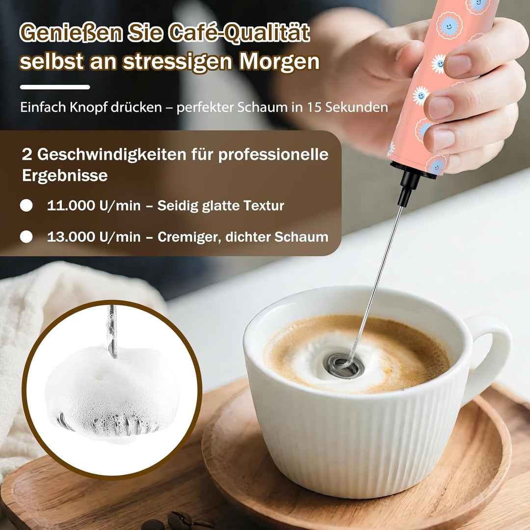 Milchschäumer Elektrisch USB-C mit 5 Wechselbaren Edelstahl-Schneebesen–2 Einstellbare Geschwindigke