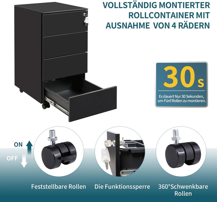 Rollcontainer mit Schubladen, Mobiler Aktenschrank unter Schreibtisch, Abschliessbarer Büroschrank,