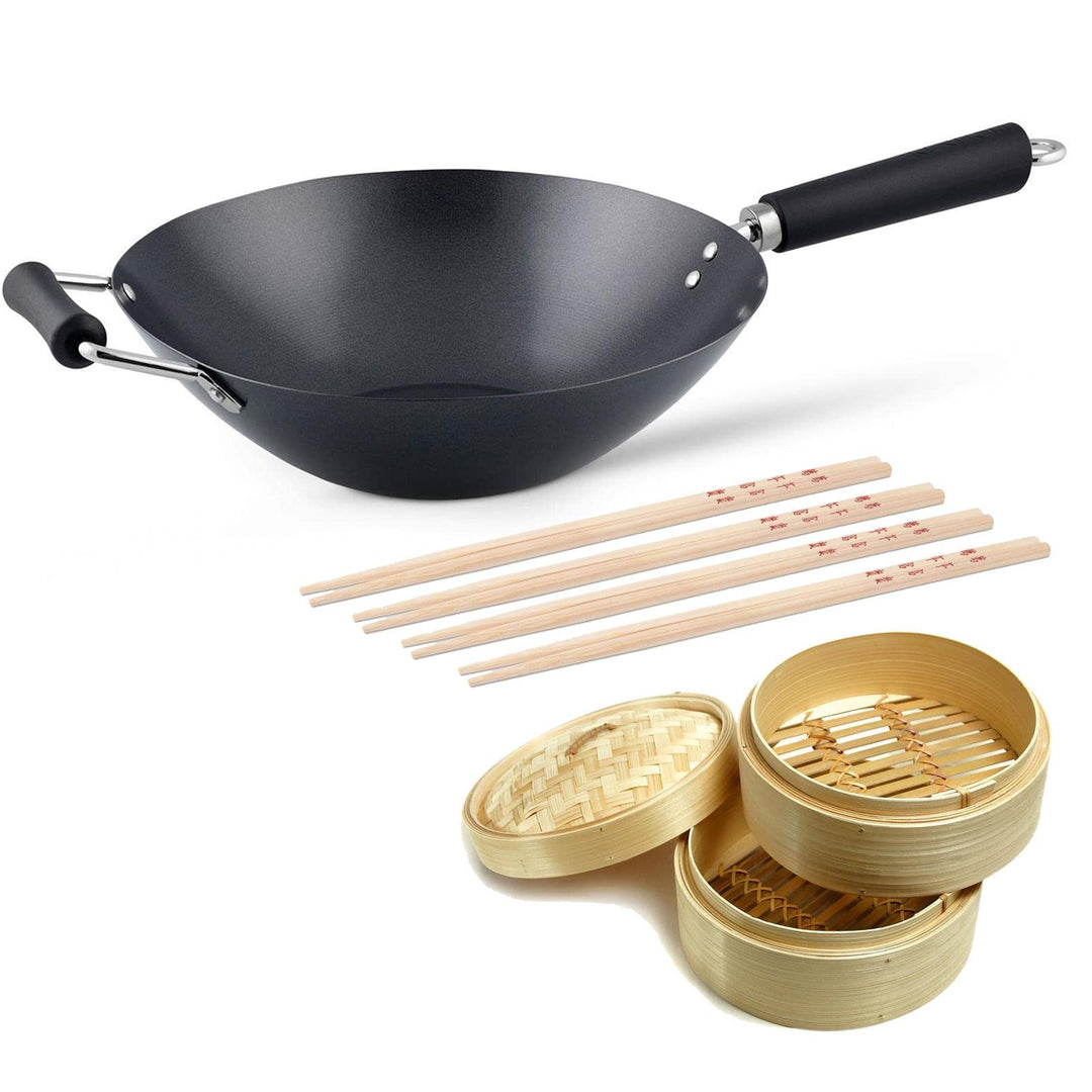 Ken Hom Stielwok 31 cm Induktion aus Karbonstahl antihaftbeschichtet mit Gegengriff - Wok Set inklus