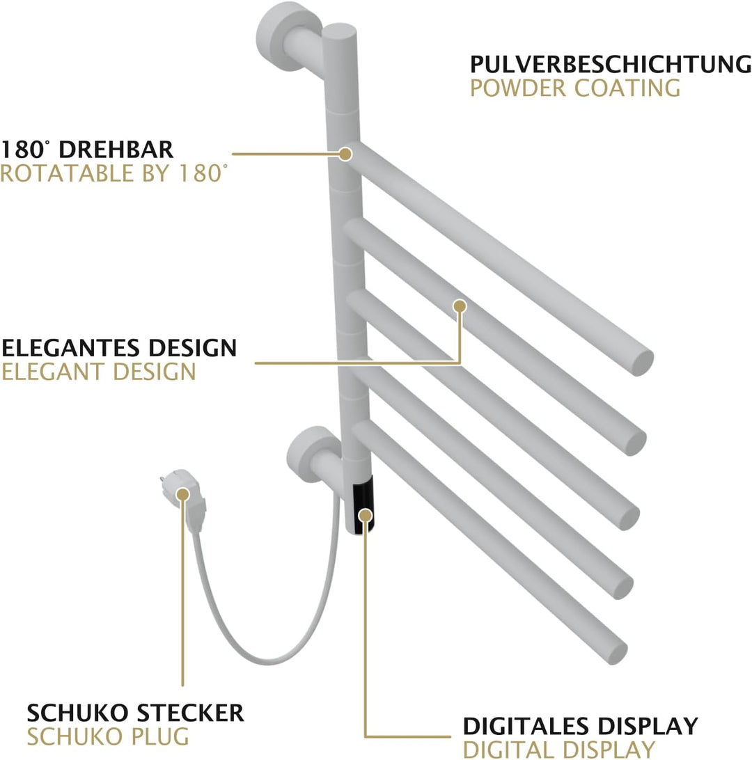 HAGO24 | Elektrischer Handtuchwärmer | Wandmontage | Handtuchtrockner | 5 schwenkbare Arme 180° | To