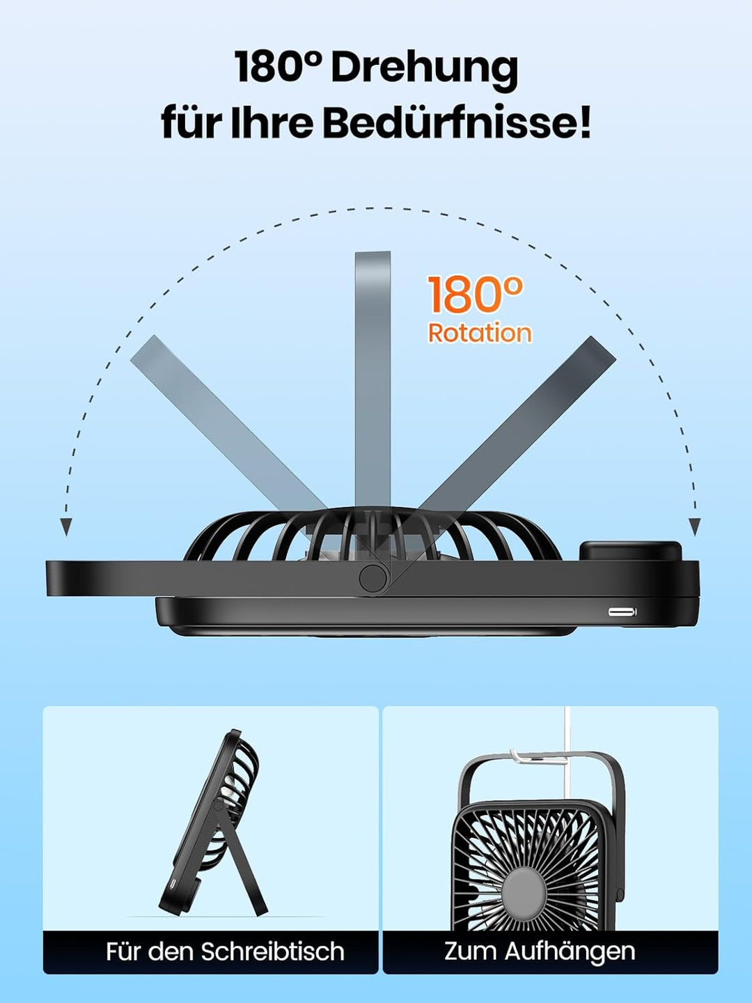 Warmco 5000mAh Tragbarer Ventilator, Ultra-dünn Akku Tischventilator Klein, Leise 4-Stufen, 180° Nei