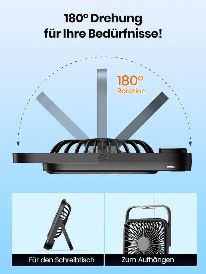 Warmco 5000mAh Tragbarer Ventilator, Ultra-dünn Akku Tischventilator Klein, Leise 4-Stufen, 180° Nei