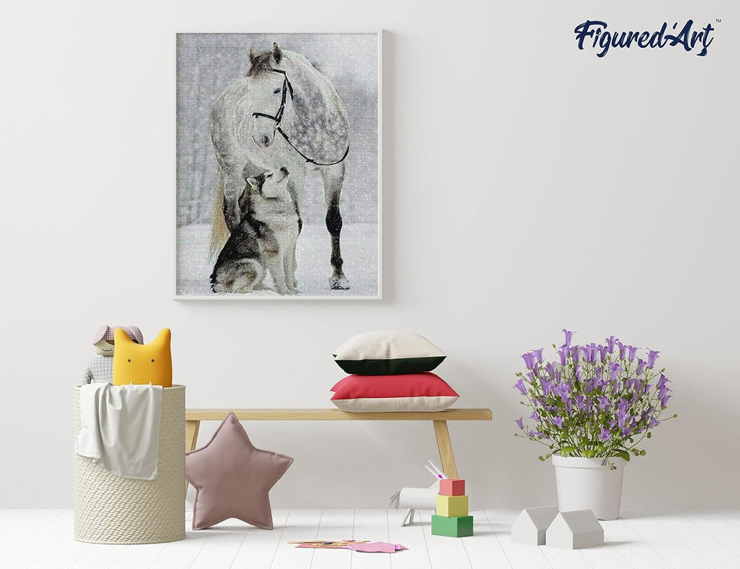 Figured'Art Diamond Painting Erwachsene 40x50cm Ganze Leinwand gerollt Pferd und Wolf im Schnee 5D B