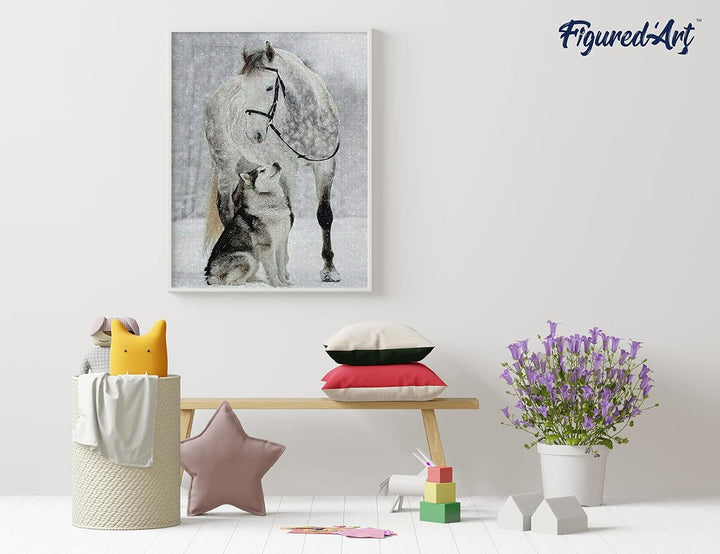 Figured'Art Diamond Painting Erwachsene 40x50cm Ganze Leinwand gerollt Pferd und Wolf im Schnee 5D B