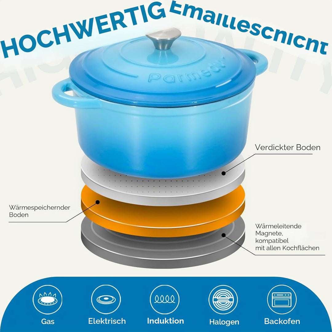 Parmedu Schmortopf aus emailliertem Gusseisen, 5,5 l Topf mit Deckel, Doppelgriff, robustes Kochgesc