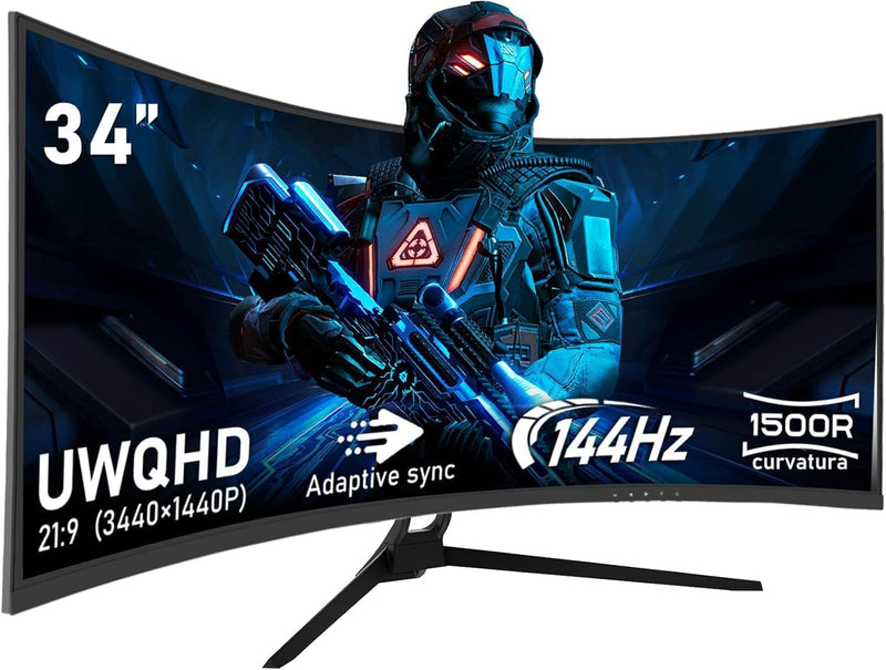 CRUA Gaming Monitor 34 Zoll (86cm Bildschirm) 3440X1440P WQHD 144Hz HDMI, 1ms (VRB), 2xHDMI 2.0, DP