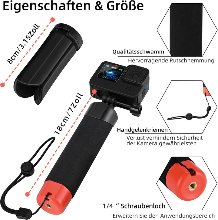 Vkesen Schwimmender Handgriff + Mini Stativ (Zubehör Set) für GoPro, Unterwasser Griff Stick für GoP