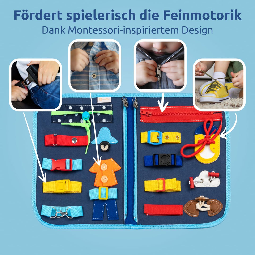 Mallie® Busy Board Deutsch inkl. Gratis Reisetasche & Montessori Buch und Perfekt für Reisen im Auto