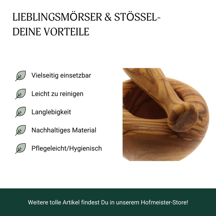 HOFMEISTER® Mörser aus Olivenholz - Hochwertige Küchenutensilien &amp; Geschenkidee - Stilvoller Mörser