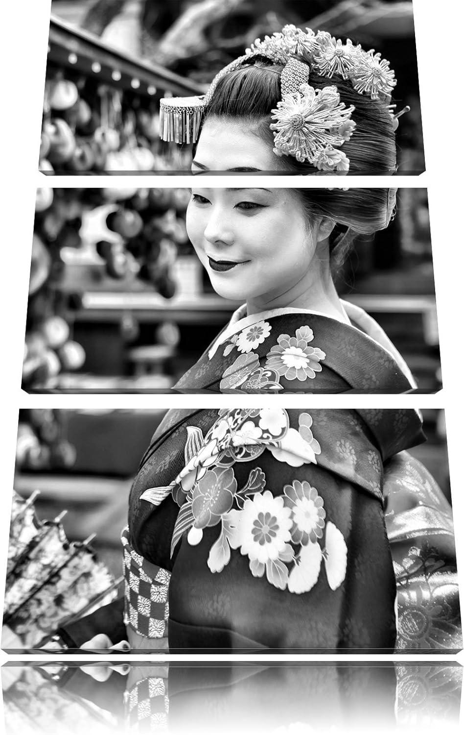 Pixxprint Anmutige Geisha mit Fächer als Leinwandbild | Grösse: 3 Teilig (120x80) | Wandbild| Kunstd