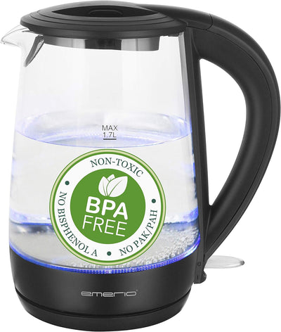 Emerio Glas Wasserkocher 1.7L Volumen BPA frei aus bestem Borosilikatglas 2200 Watt blaue LED Überhi