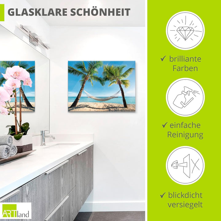 ARTland Glasbilder Wandbild Glas Bild einteilig 80x60 cm Querformat Strand Meer Südsee Karibik Palme
