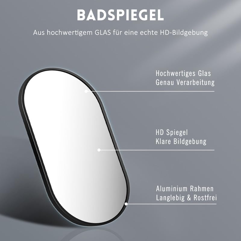 Spiegel Schwarz 80x50cm Ovaler Wandspiegel mit Metallrahmen Dekorative Spiege für Badezimmer Wohnzim